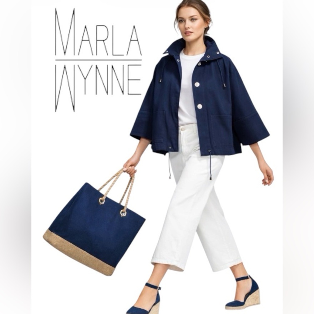 Marla Wynne Navy Cotton Canvas Button Down Oversized  “Drama Jacket”